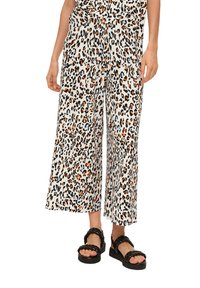 Beżowe spodnie typu wide-leg w panterkę z czarnymi i pomarańczowymi akcentami. Wykonane z lekkiego materiału, z wiązaniem w talii i bocznymi kieszeniami.