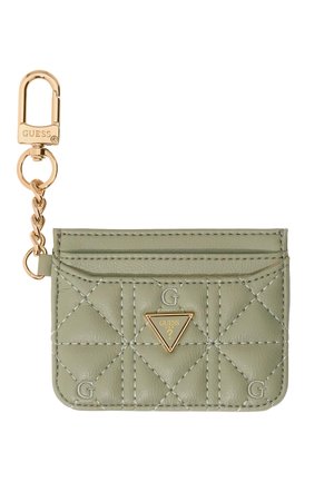 Kleine, olivgrüne, gesteppte Leder-Kartenhalter mit goldenem Guess-Logo-Dreieck und goldenem Schlüsselanhängerhaken.