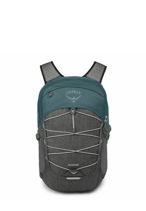 Sac à dos teal et gris avec une finition texturée, des bretelles en maille, un cordon élastique à l'avant et un logo Osprey en haut. Comprend des poches zippées.