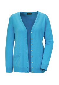 Helles blaues Strickjacke aus weichem Material, mit V-Ausschnitt, Vorderknöpfen und zwei vorderen Taschen, mit gerippten Bündchen und Saum.