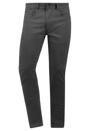 Pantaloni din bumbac gri, cu o croială slim, având închidere cu nasture, buzunare frontale și un finisaj de țesătură netedă și texturată.
