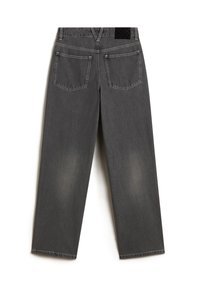 Graue Jeans aus Denim mit geradem Bein, ausgestattet mit zwei Gesäßtaschen und dezentem Verblassen an den Oberschenkeln. Schwarzer Bundakzent.