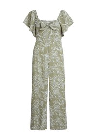 Mono floral verde con mangas cortas y con volante, escote cuadrado, corpiño ajustado y pantalones de pierna ancha que presentan patrones botánicos blancos.