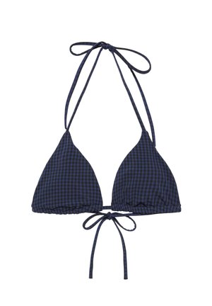 Top bikini triunghiular în carouri albastru marin și negru, cu prindere după gât și legături la spate.