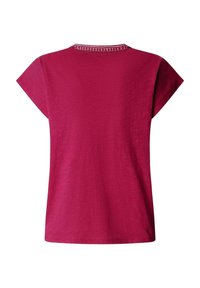 Short-sleeve, dark pink women's top with a round neckline featuring small decorative eyelets, shown from the back.