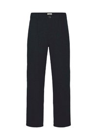 Zwarte broek van geweven stof, met een rechte snit, voorplooien, een sluiting met één knoop en zijzakken.