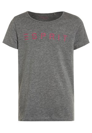 T-shirt gris à manches courtes avec texte rose "ESPRIT" centré sur la poitrine et col rond.