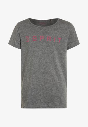 Grå T-shirt med korte ærmer med pink "ESPRIT" tekst centreret på brystet og rund halsudskæring.