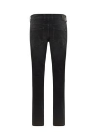 Svarta denimjeans med rak klippning, med två bakfickor och en lädertagg i midjan. Tyget har en jämn textur.