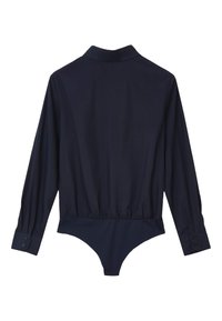 Bodysuit blu navy a maniche lunghe con colletto, caratterizzato da un design aderente, polsini con bottoni e una texture liscia e elegante.
