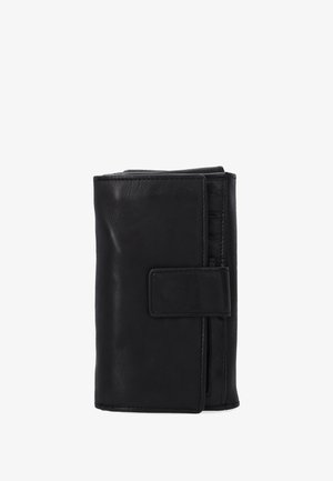 Zwarte leren portemonnee met een gladde textuur, rechthoekige vorm en een klep sluiting. Beschikt over stikselaccenten en een externe kaarthouder.