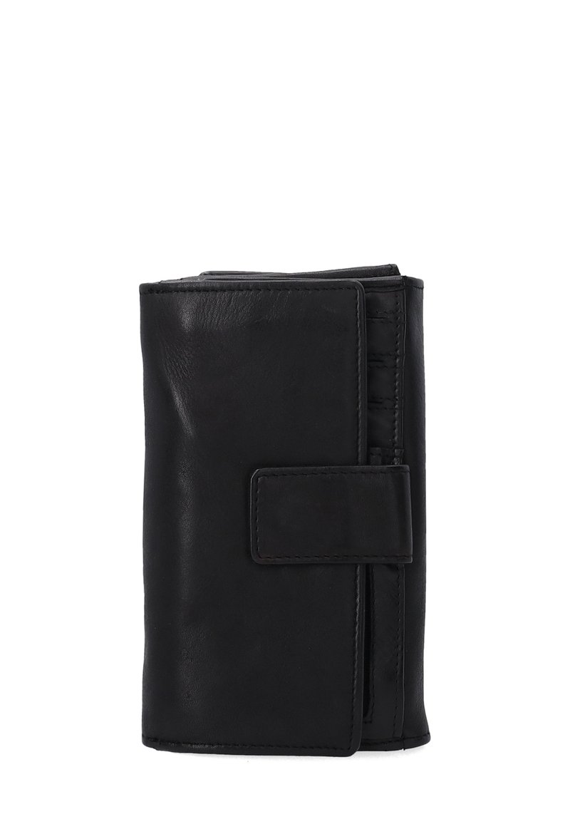 Black leather wallet with a smooth texture, rectangular shape, and a flap closure. Features stitching accents and an external card slot.