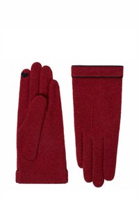 Red wool gloves with a soft texture, featuring a heart detail on the left glove and a cuffed design for added warmth.