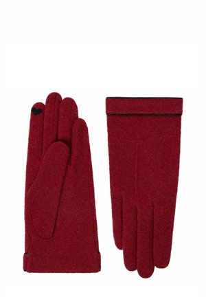 Rote Wollhandschuhe mit weicher Textur, die ein Herzdetail am linken Handschuh und ein umgeschlagenes Design für zusätzliche Wärme aufweisen.