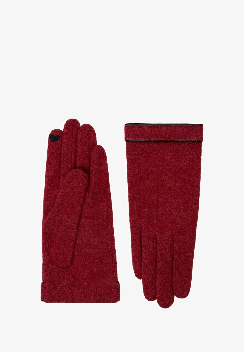 Rote Wollhandschuhe mit weicher Textur, die ein Herzdetail am linken Handschuh und ein umgeschlagenes Design für zusätzliche Wärme aufweisen.