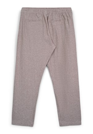 Pantalon de survêtement marron clair en tissu texturé, doté d'une taille élastique et de deux poches arrière, présenté avec le dos vers le haut.