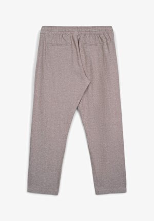 Hellbraune Jogginghose aus strukturiertem Stoff mit einem elastischen Bund und zwei Gesäßtaschen, mit der Rückseite nach oben präsentiert.