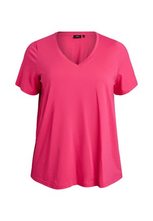 Kirkkaan vaaleanpunainen lyhythihainen V-aukkoinen T-paita, jossa on rento istuvuus ja suora helma, esitetty valkoisella taustalla.