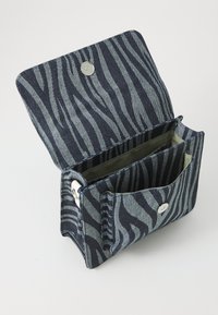 Bolso de mezclilla con estampado de cebra en tonos azul oscuro y azul claro, con cierre magnético y dos compartimentos interiores.