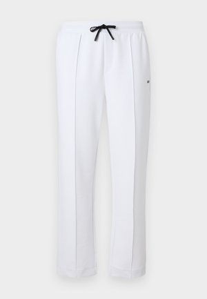 Άσπρο παντελόνι με ίσιο κόψιμο, πιέτα μπροστά, ελαστική μέση, μαύρο κορδόνι και μικρή λεπτομέρεια με λογότυπο στο δεξί μηρό.