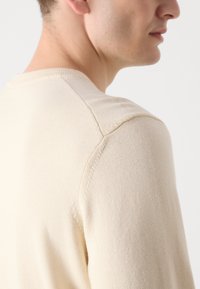Beige knit sweater featuring a round neckline, subtle stitching details, and a smooth texture, highlighting a fitted silhouette.