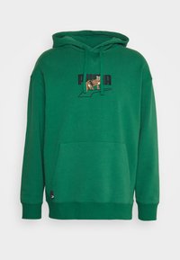 Felpa verde realizzata in misto cotone, con tasca frontale, cappuccio regolabile e logo ricamato con un'immagine di un cane.