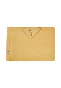 Gelbes Badetuch aus weichem Frottee-Material mit einem dreieckigen Kragen, illustriertem Handdesign und einem Etikett an der Seite.