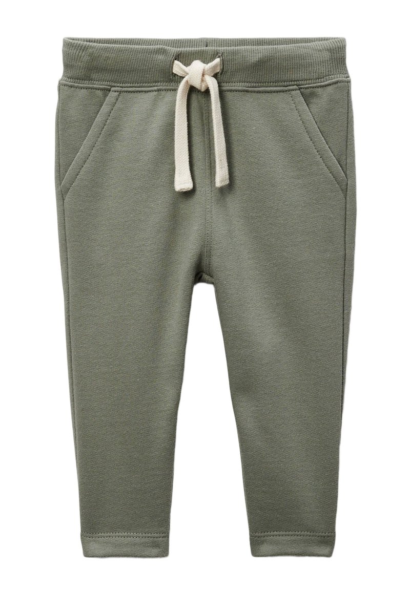 Pantalons de survêtement verts en tissu doux avec une taille à cordon de serrage, dotés de deux poches latérales et de poignets côtelés.