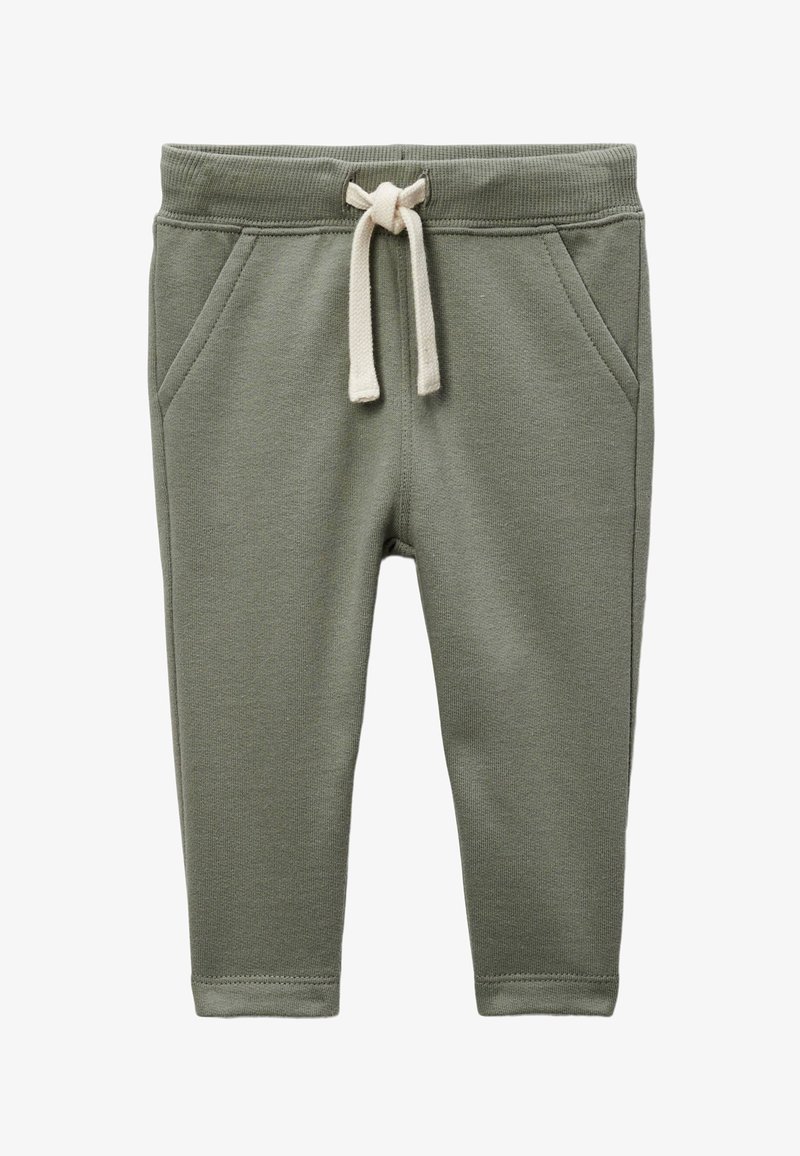 Pantalons de survêtement verts en tissu doux avec une taille à cordon de serrage, dotés de deux poches latérales et de poignets côtelés.