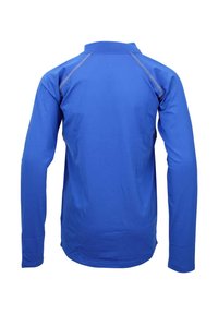 Camicia a maniche lunghe blu realizzata in tessuto sintetico liscio. Presenta un colletto alto e cuciture a contrasto lungo le cuciture delle spalle.