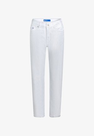 Baltas, augsta vidukļa taisnais kāju džinsi ar priekšējo pogu, rāvējslēdzēja slēgšanu, jostas cilpām un piecu kabatu dizainu, ar zilu etiķeti jostas iekšpusē.