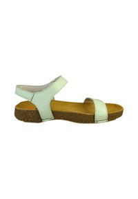 Sandalia verde menta con dos correas y soporte para el tobillo. Suela con textura de corcho, diseño plano y costuras visibles a lo largo de las correas.