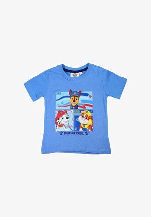 T-shirt en coton bleu présentant les personnages de "Paw Patrol" Chase, Rubble et Marshall dans une impression graphique colorée. Manches courtes et col rond.