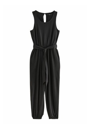 Zwarte jumpsuit met mouwloos ontwerp, elastische taille, strikriem en sleutelgaatje achter. Gemaakt van zachte stof met gathered enkelmanchetten.
