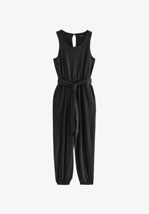 Svart jumpedräkt med ärmlös design, elastisk midja, knytbälte och detaljer med nyckelhål baktill. Tillverkad av mjukt tyg med pleatade fotleder.