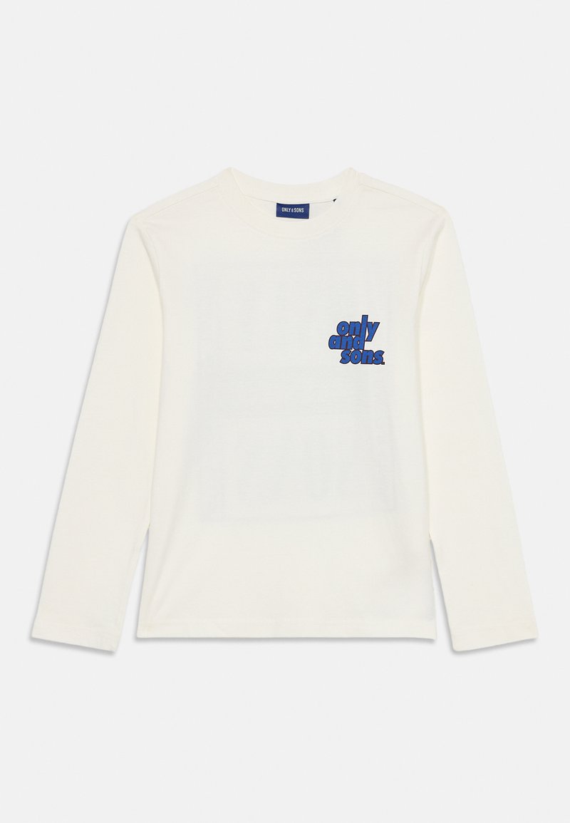 White long-sleeve crewneck shirt with small blue "only and sons." logo on the upper left chest.