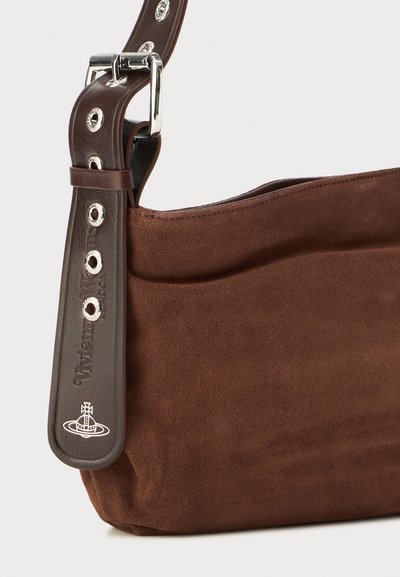 Brown suede shoulder bag with a textured finish, featuring a dark leather strap, silver hardware, and contrasting stitching details.