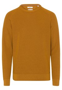 Senfgelbes langärmliges Crew-Neck gestricktes Sweatshirt mit gerippten Bündchen und Saum.