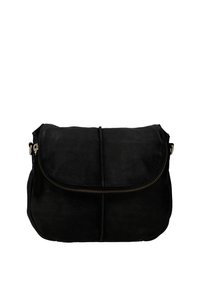 Schwarze Leder-Schultertasche mit einer vorderen Klappe, die einen sichtbaren Reißverschluss und verstellbare seitliche Schnallen aufweist.