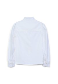 Weißes Langarmshirt aus Baumwolle mit einem Button-Down-Kragen, gestickten Details und gerafften Ärmeln mit knöpfbaren Manschetten.