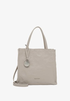 Heled hall nahk käekott tekstuurse viimistlusega, lühikeste käepidemetega, eemaldatava õlarihmaga ning ümmargune brändigagi nööril.