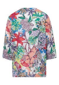 Bluse mit Blumenmuster in lebhaften Farben, mit Ellbogenlängenärmeln und lockerer Passform. Sie hat große, bunte Blumen auf einem hellen Hintergrund.