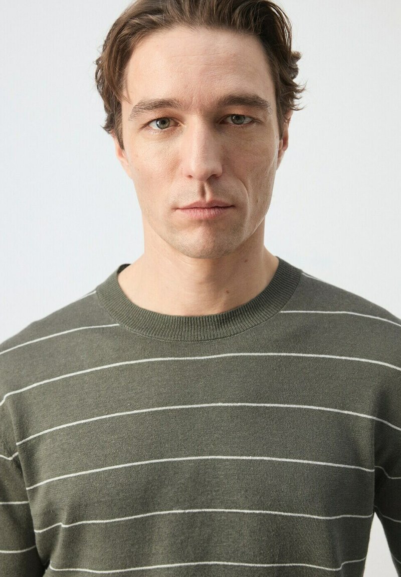 Jeune homme aux cheveux châtain clair portant un pull vert à fines rayures horizontales blanches, regardant directement la caméra.