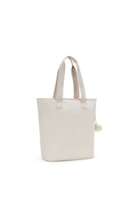 Leren schoudertas in lichtbeige, met twee stevige handvatten en een zij-pompon accent. Rechthoekige vorm met een gestructureerd oppervlak.
