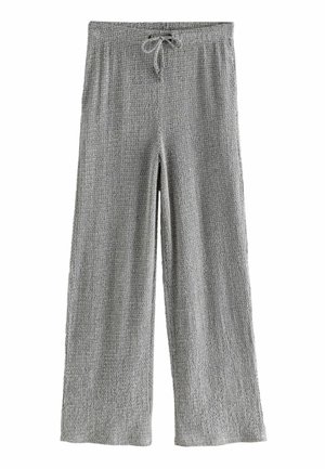 Grå, texturerade vida byxor med elastisk midja och dragsko. Tyget har en mjuk, ribbad yta med en avslappnad passform.