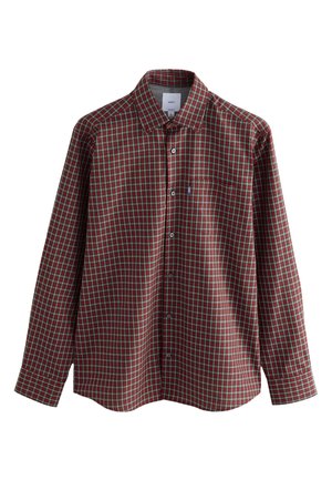 Camicia a maniche lunghe a quadri rossi e verdi con chiusura a bottoni, colletto e taschino sul petto; realizzata in tessuto dalla trama liscia.