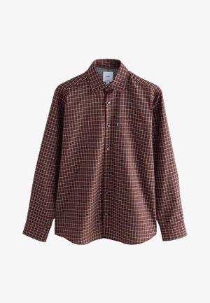 Dugih rukava košulja na karirane crvene i zelene kvadrate, s gumbima sprijeda, ovratnikom i džepom na prsima; izrađena od tkanine glatke teksture.