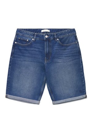 Pantaloncini di denim blu con orli risvoltati, bottone e cerniera frontali, passanti per cintura e design a cinque tasche.