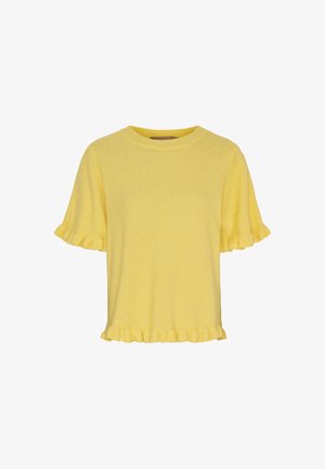 Gul kortærmet strikket sweater med rund halsudskæring og flæsekant på ærmer og kant.