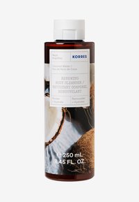 Bruine plastic fles met een witte dop, voorzien van een ontwerp van kokoswater. Het etiket bevat de productnaam en het volume: 250 mL, 8,45 FL. OZ.